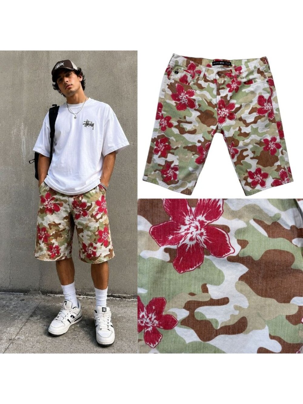 Y2K Buckle Big Star Camo Floral Denim Bermuda Shorts Streetwear Mens 36